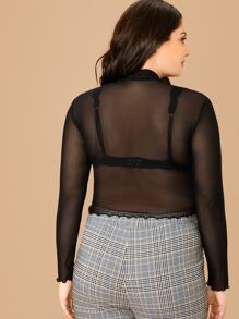 SHEIN Privé Plus Mock-neck Lettuce Edge Mesh Top Without Bra - Black - View 2