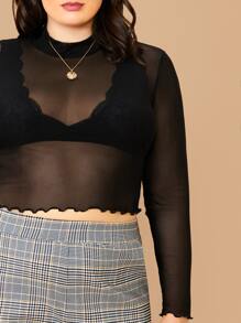 SHEIN Privé Plus Mock-neck Lettuce Edge Mesh Top Without Bra - Black - View 4