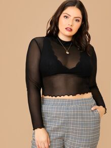 SHEIN Privé Plus Mock-neck Lettuce Edge Mesh Top Without Bra - Black - View 1