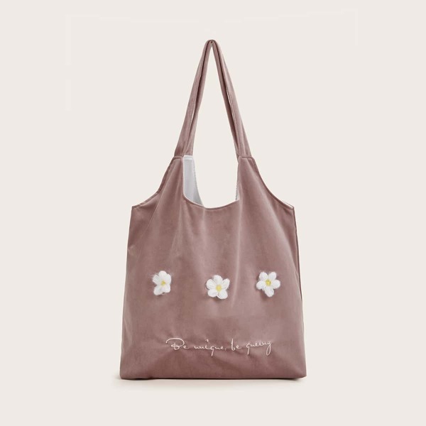 

Embroidered Letter Appliques Velvet Bag, Pink