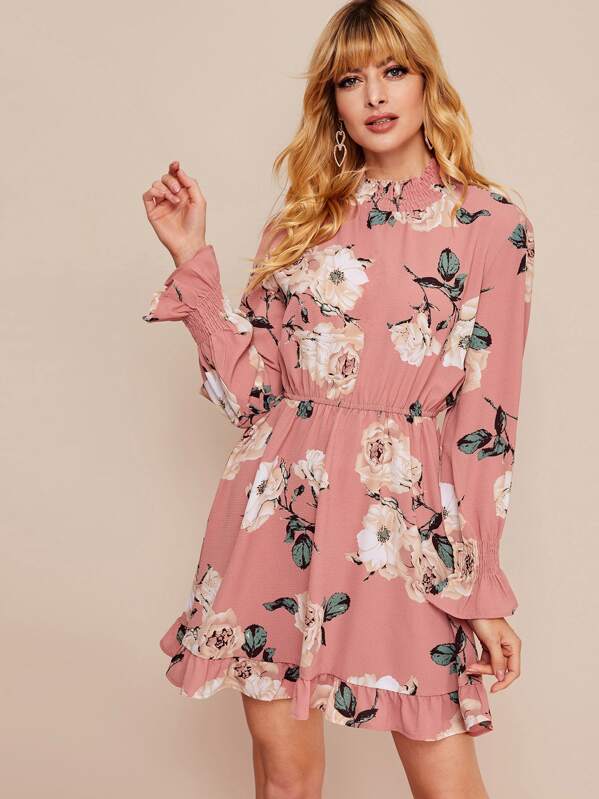 

Floral Print Shirred Mock Neck Chiffon Dress, Pink, Masha