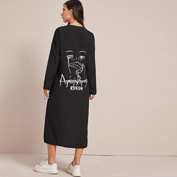 

Letter & Figure Graphic Drawstring Ruched Dress, Black