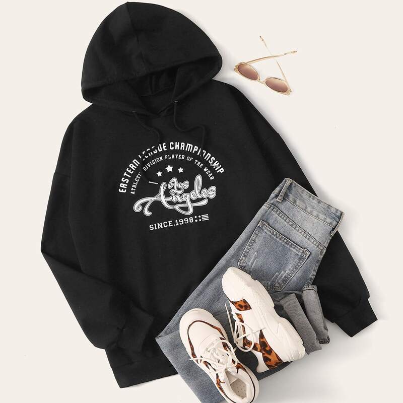 

Slogan Graphic Drawstring Hoodie, Black