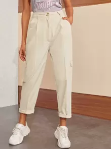 Flap Pocket Button Fly Pants - Beige - View 1