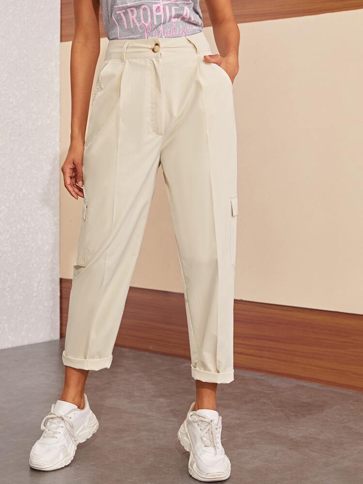 Flap Pocket Button Fly Pants - Beige - View 1