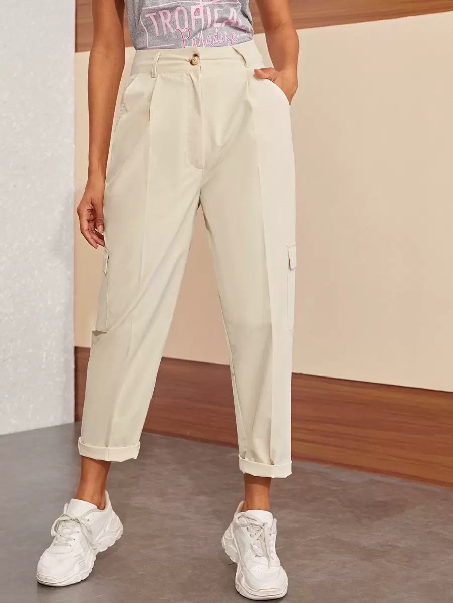 Flap Pocket Button Fly Pants - Beige - View 1