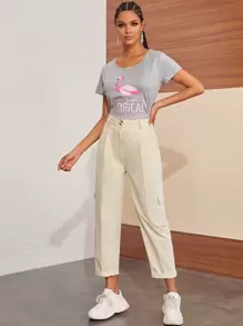 Flap Pocket Button Fly Pants - Beige - View 3