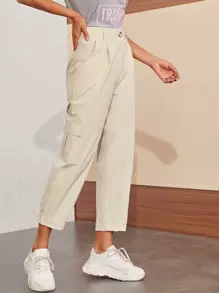 Flap Pocket Button Fly Pants - Beige - View 4