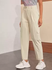Flap Pocket Button Fly Pants - Beige - View 5