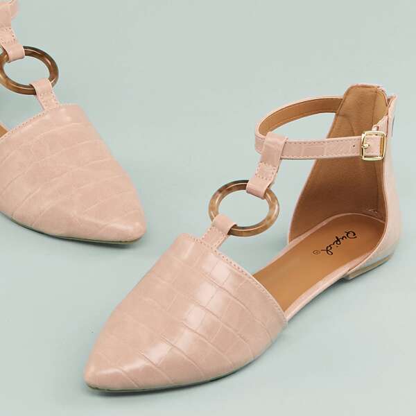 

Alligator Pointy Toe Ring Detail Cut Out Flats, Pink