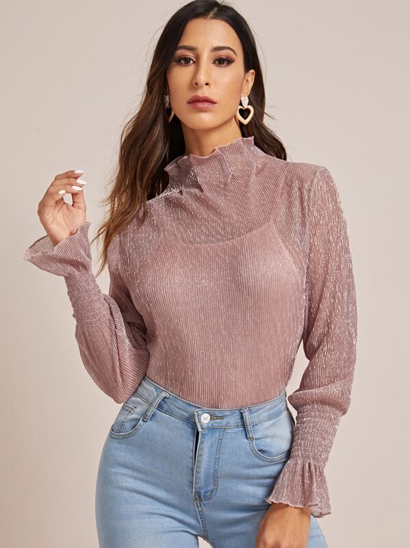 

Sheer Glitter Shirred Flounce Sleeve Blouse, Pink, Gabe
