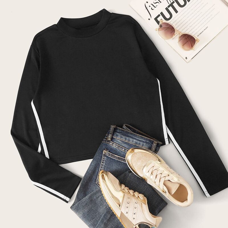 

Side Stripe Mock Neck Tee, Black