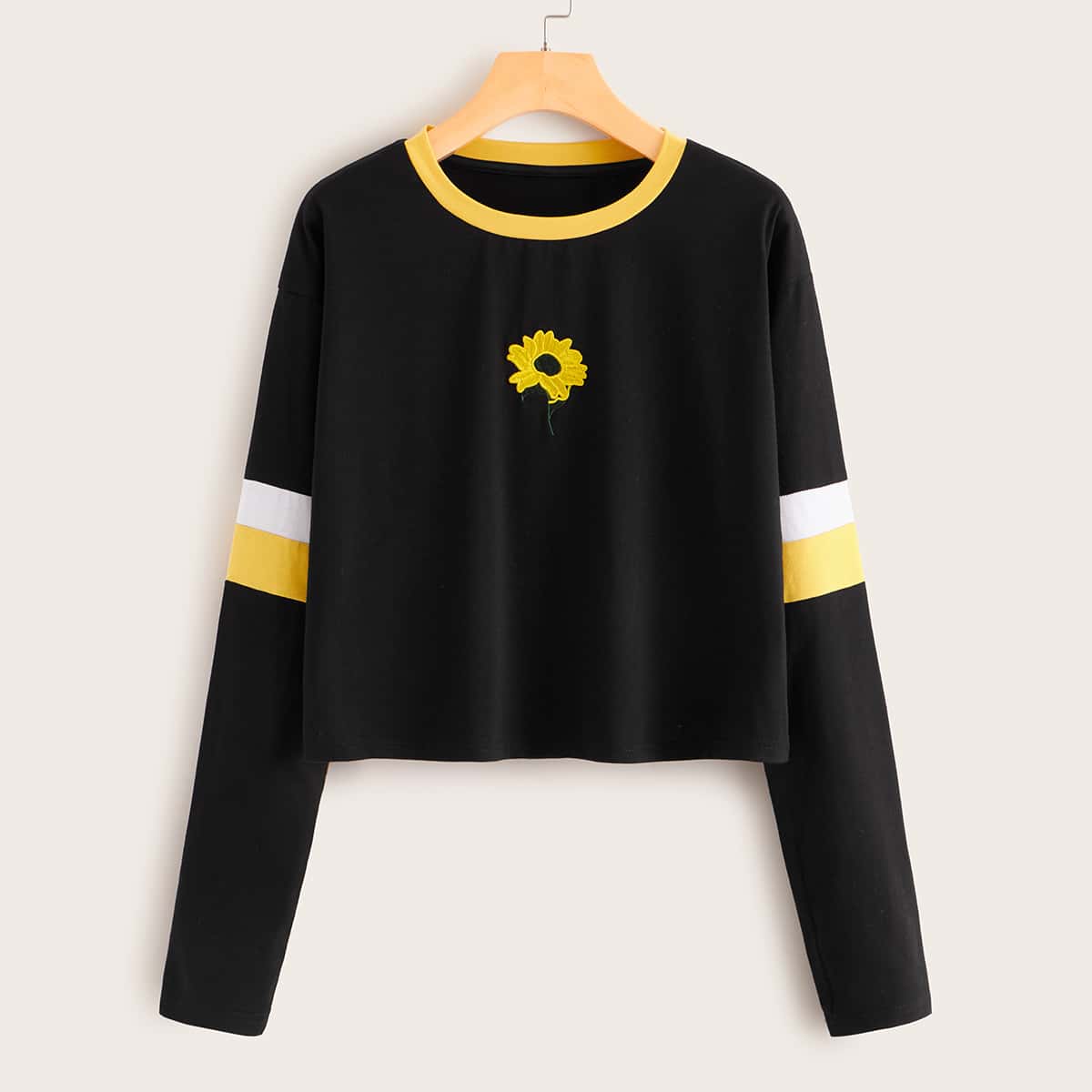 

Floral Embroidery Striped Long Sleeve Tee, Black