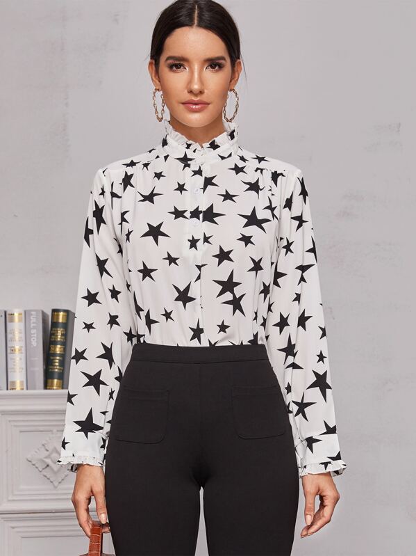 

Star Print Frill Neck Blouse, Black and white, Juliana