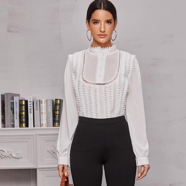 

Solid Pointelle Mock Neck Blouse, White