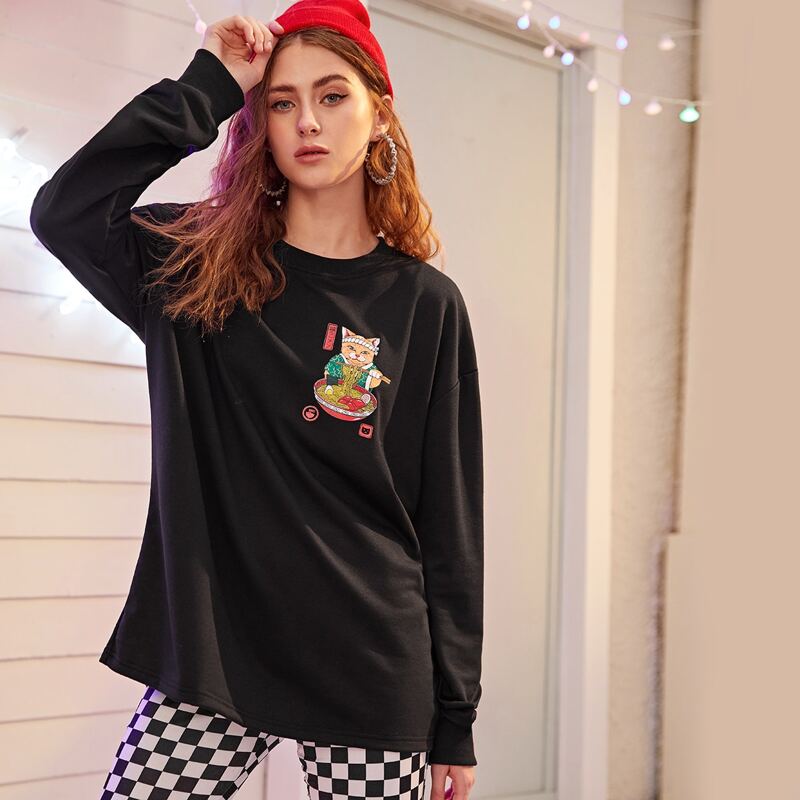 

Cartoon Graphic Crew Neck Sweatshirt, Black