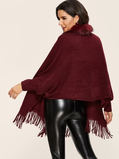 流蘇邊拼接人造毛皮開衫