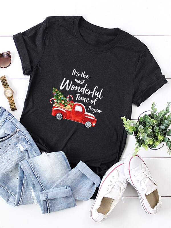 

Christmas And Slogan Print Tee, Black
