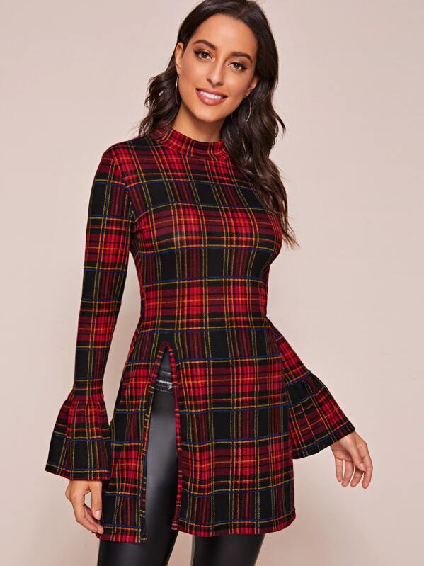 

Plaid Print Side Split Longline Tee, Multicolor, Mary P.