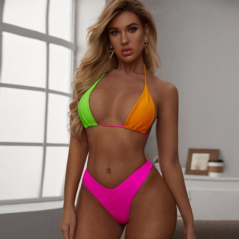 

Colorblock Triangle High Cut Bikini Swimsuit, Multicolor
