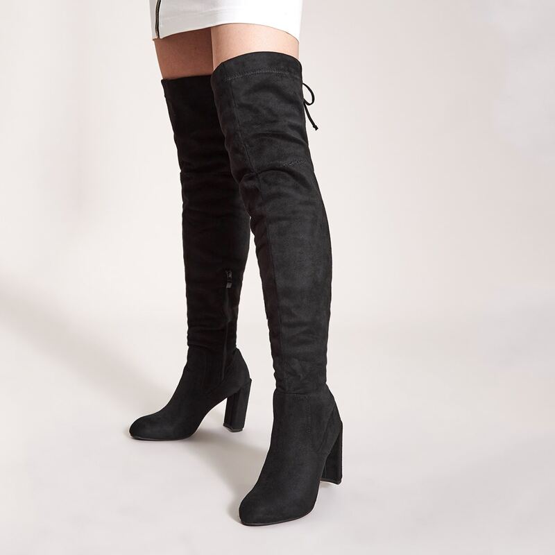 

Tie Back Over The Knee Chunky Boots, Black