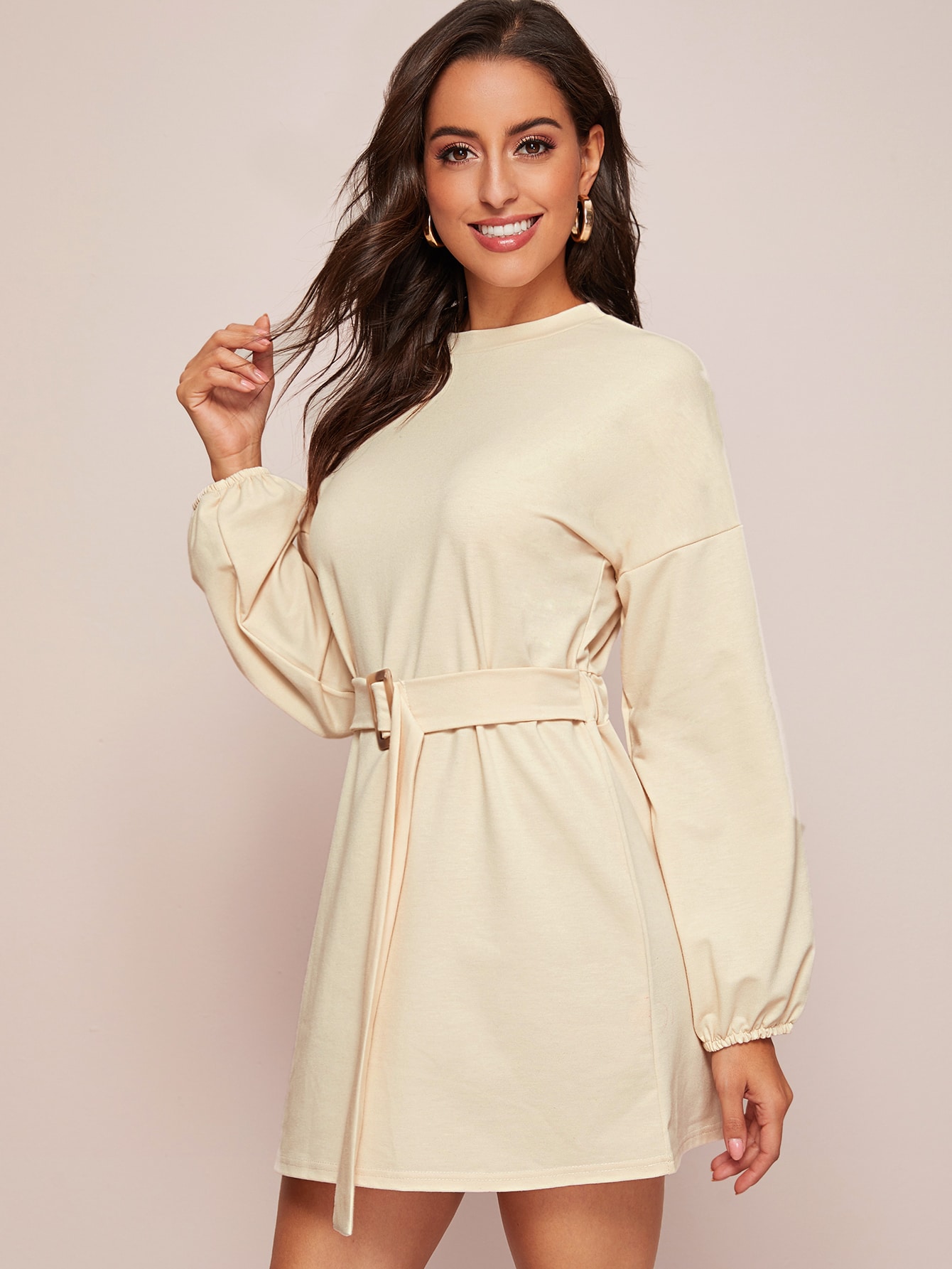 Solid Belted Bishop Sleeve Sweatshirt Dress pictures