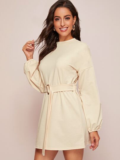 Solid Belted Bishop Sleeve Sweatshirt Dress