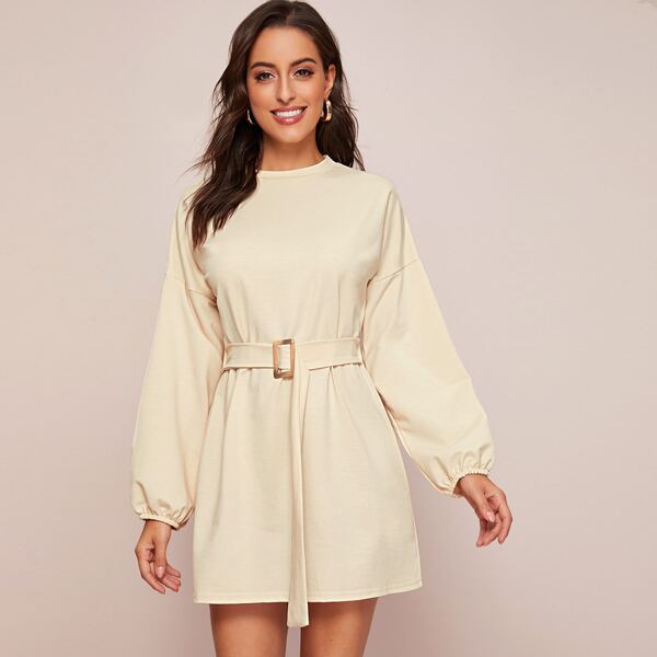 

Solid Belted Bishop Sleeve Sweatshirt Dress, Beige