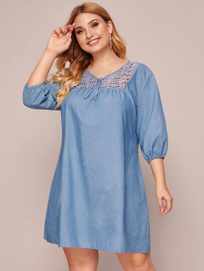 Plus Contrast Lace Tie Front Denim Dress