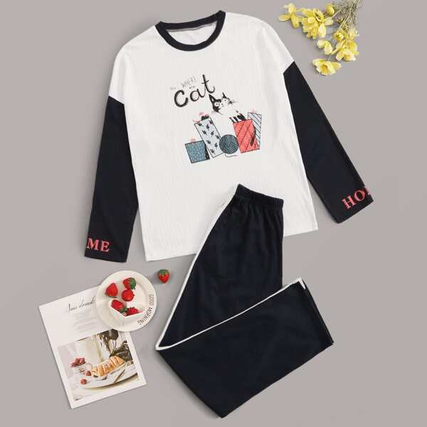 

Cat & Letter Print Rib Pajama Set, Multicolor