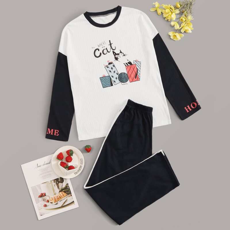 

Cat & Letter Print Rib Pajama Set, Multicolor