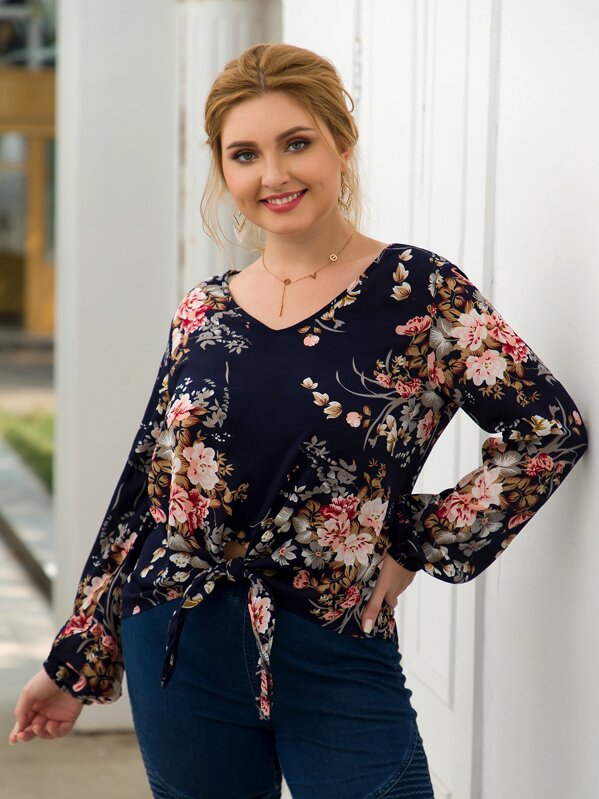 

Plus Floral Print Tie Front Blouse, Navy, Nora