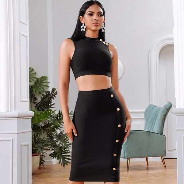

Mock Neck Button Detail Tank Top & Pencil Skirt Set, Black