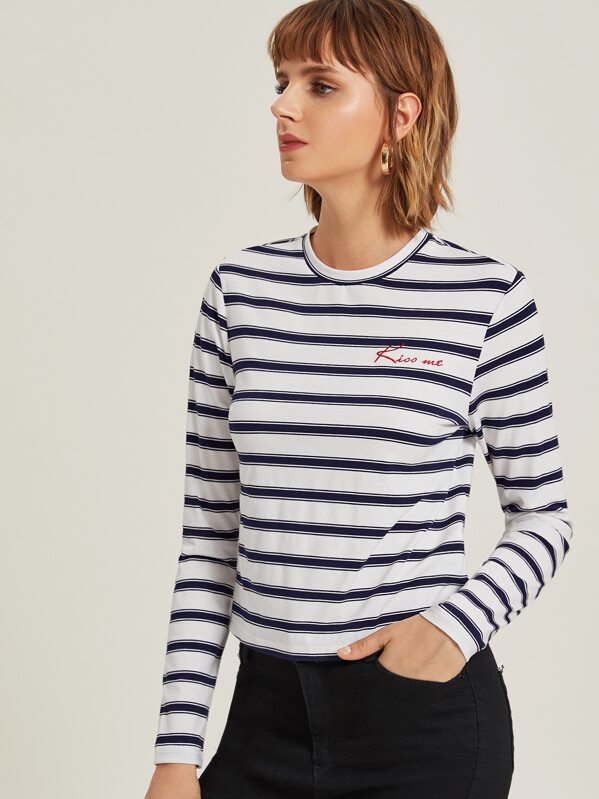 

Letter Embroidered Striped Tee, Multicolor, Margo