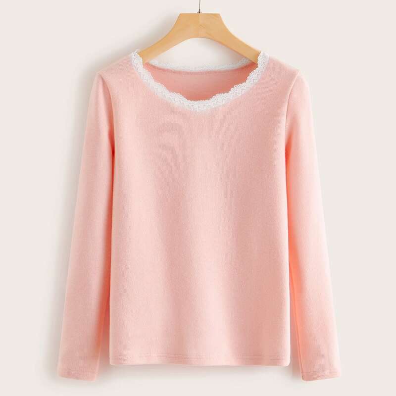 

Contrast Lace Trim Long Sleeve Tee, Pink