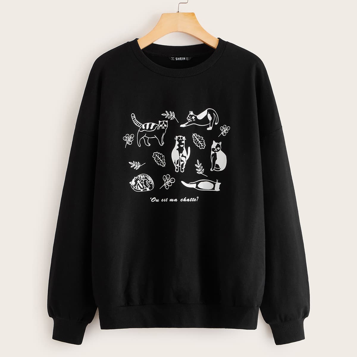 Drop Shoulder Cartoon Graphic Pullover, Black