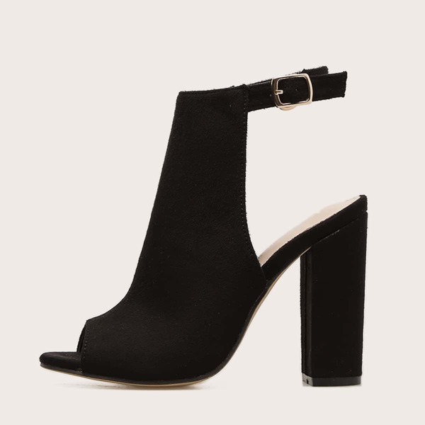 

Peep Toe Ankle Strap Chunky Heels, Black
