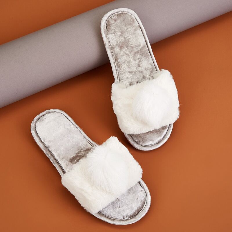

Fluffy Open Toe Slippers, White