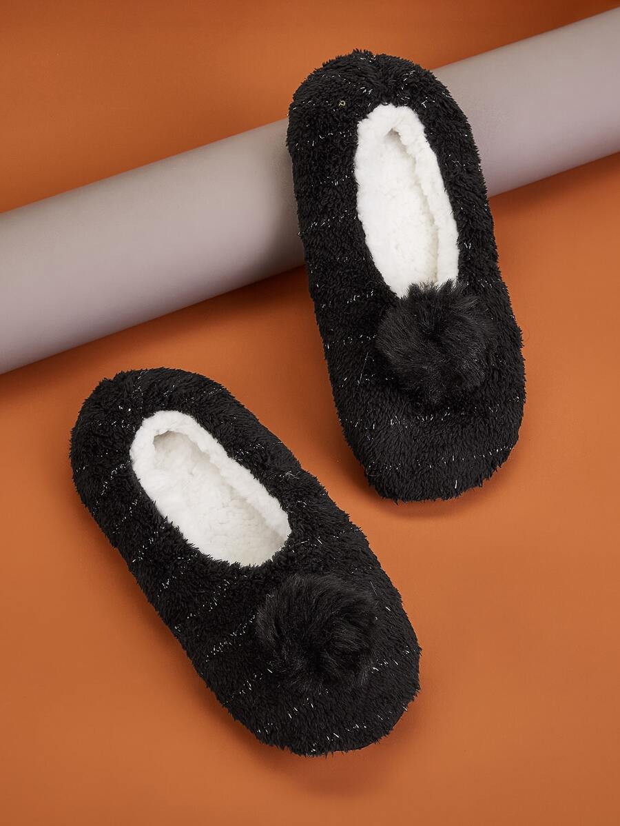 Pom-pom Decor Fluffy Slippers - Black - View 1