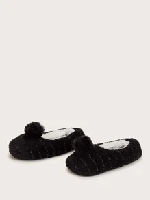 Pom-pom Decor Fluffy Slippers - Black - View 3