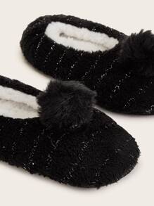 Pom-pom Decor Fluffy Slippers - Black - View 4