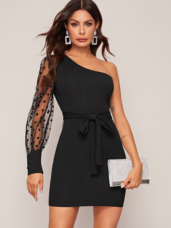 

One Shoulder Dot Mesh Sleeve Belted Bodycon Dress, Black, Andy