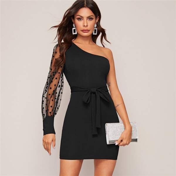 

One Shoulder Dot Mesh Sleeve Belted Bodycon Dress, Black