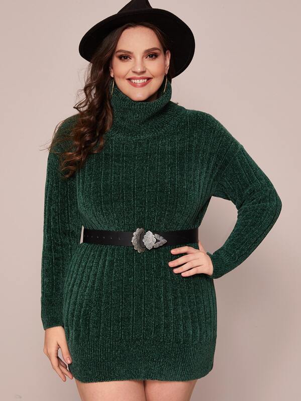 

Plus Turtleneck Ribbed Knit Chenille Sweater Dress Without Belt, Green, Ella