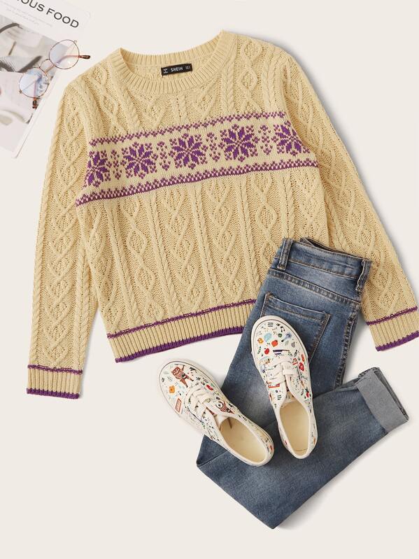 

Geo Pattern Cable Knit Sweater, Beige