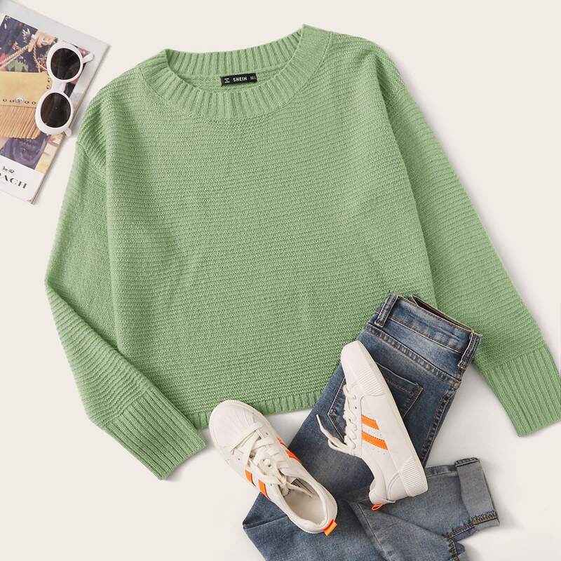 

Rib-knit Trim Solid Sweater, Green pastel