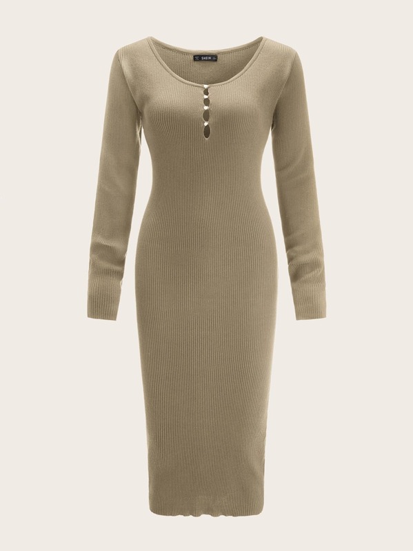 

Pearls Button Front Solid Pencil Sweater Dress, Khaki