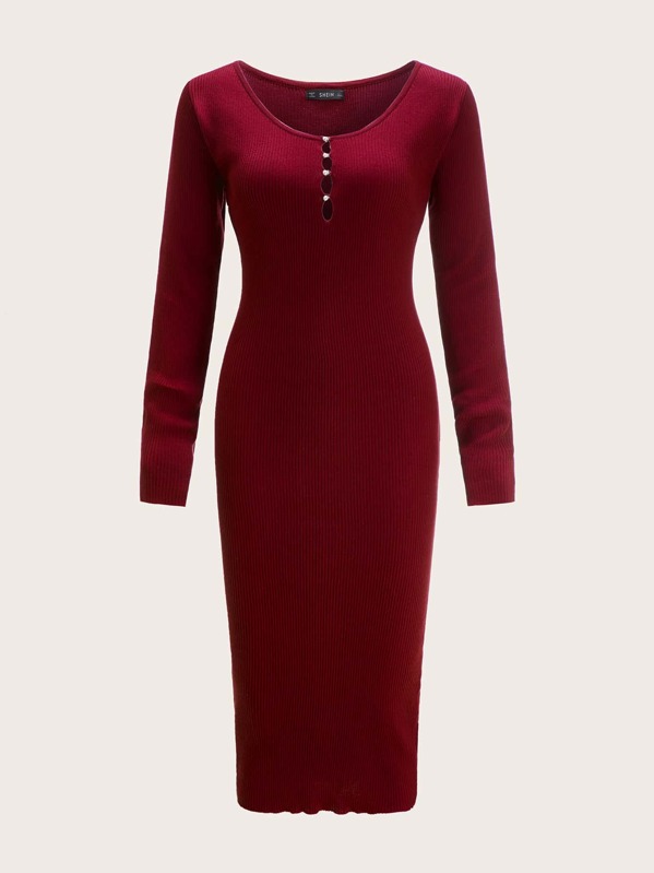 

Pearls Button Front Solid Pencil Sweater Dress, Burgundy