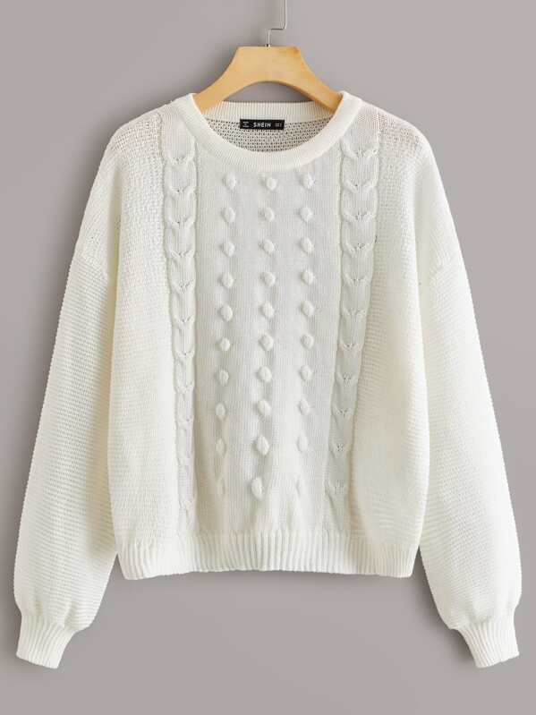 

Drop Shoulder Popcorn Knit Sweater, White