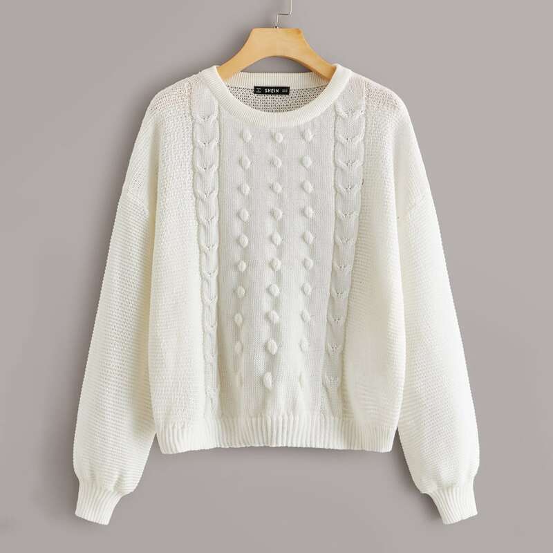 

Drop Shoulder Popcorn Knit Sweater, White